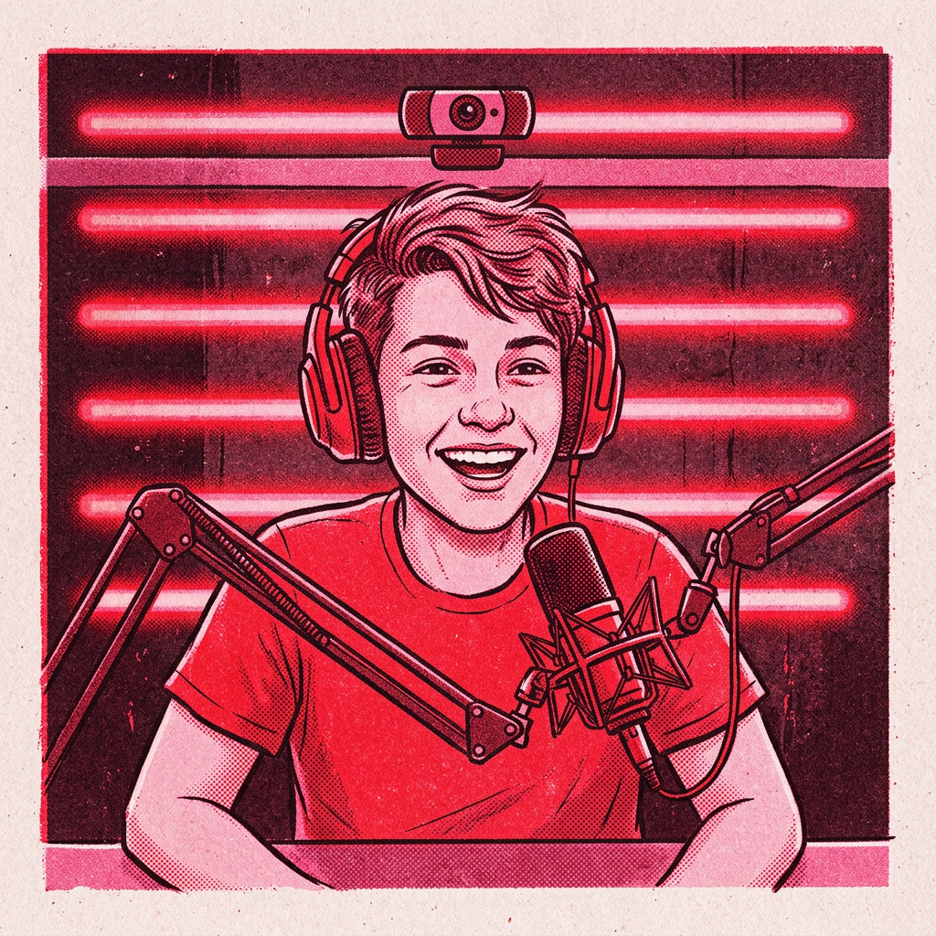 Illustration of a streamer in headphones laughing at a microphone, lit by red neon bars