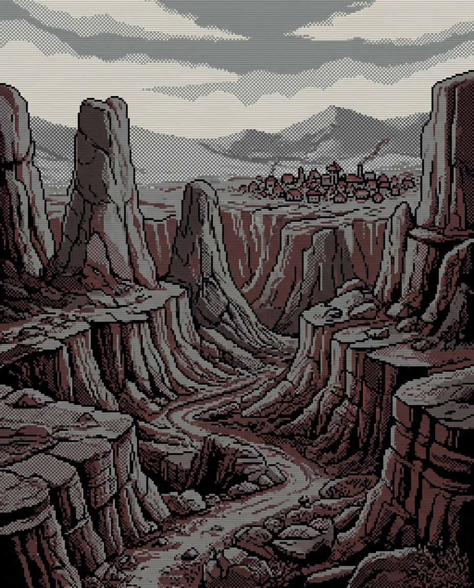 Dithered pixel-art canyon with a village on the horizon, standing in for a game on stream